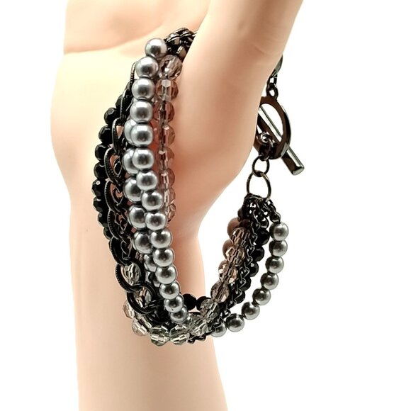 Premier Designs Multi-Strand Bracelet Gunmetal Chains Gray Beads Crystals Toggle - Picture 3 of 11